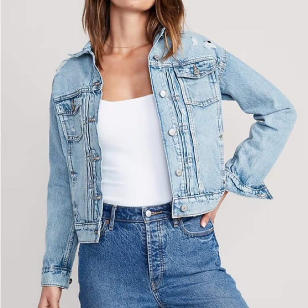 Old Navy Women M Blue Distressed Light Wash Denim Relaxed Classic Jean Jacket